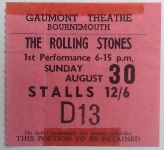 Rolling Stones Original Used Concert Ticket Gaumont Theatre Bournemouth 1964