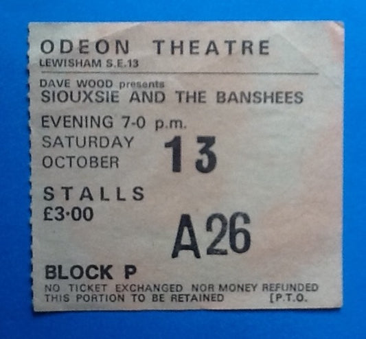 Siouxsie & The Banshees Original Concert Ticket Lewisham 1979