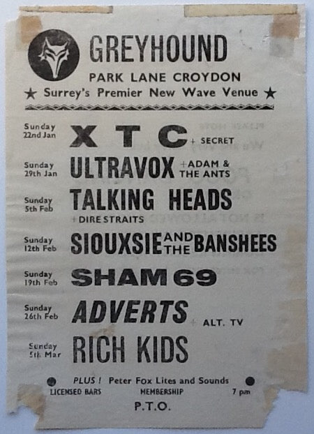 Siouxsie & the Banshees Talking Heads Adverts Concert Handbill Flyer Greyhound Croydon 1978