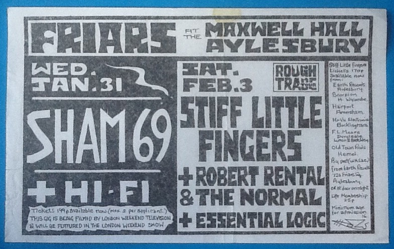 Sham 69 Stiff Little Fingers Concert Handbill Flyer Friars Ayelsbury 1979