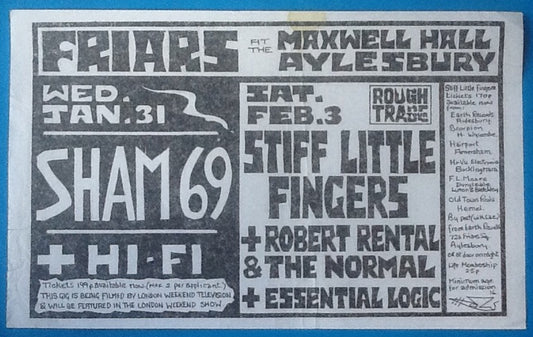Sham 69 Stiff Little Fingers Concert Handbill Flyer Friars Ayelsbury 1979