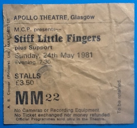 Stiff Little Fingers Original Used Concert Ticket Glasgow 1981