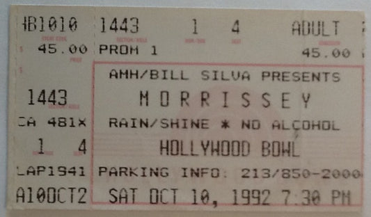 Morrissey Original Used Concert Ticket Hollywood Bowl Los Angeles 10th Oct 1992