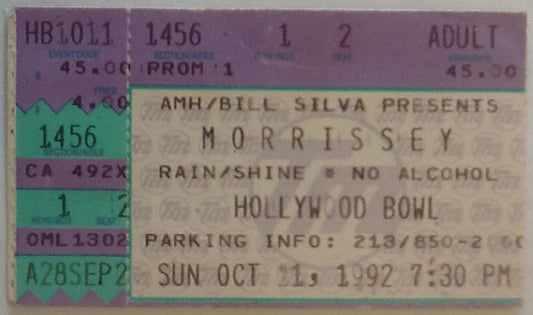 Morrissey Original Used Concert Ticket Hollywood Bowl Los Angeles 11th Oct 1992