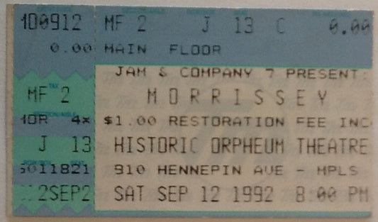 Morrissey Original Used Concert Ticket Orpheus Theatre, Minneapolis 1992