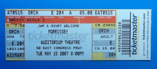 Smiths Morrissey Unused Concert Ticket Auditorium Theatre Chicago 15th May 2007