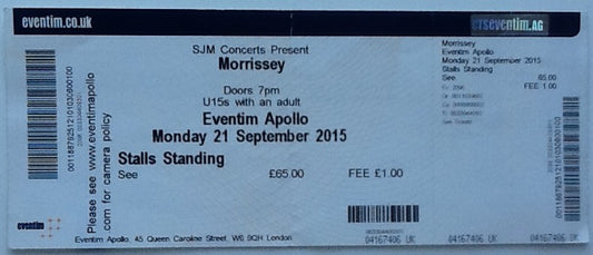 Morrissey Original Unused Concert Ticket Eventim Apollo London 2015