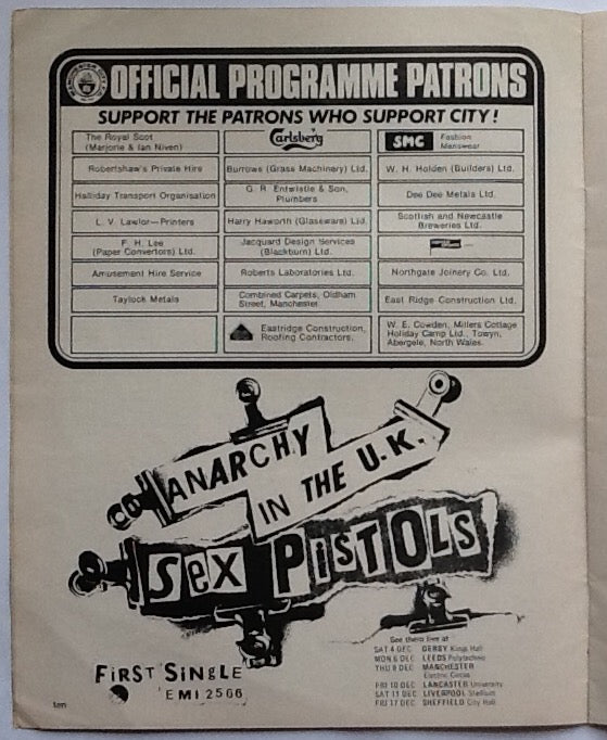 Sex Pistols Original Anarchy in the UK Tour Advert Man City v Derby County Programme 1976
