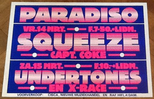 Undertones Squeeze Original Concert Tour Gig Poster Paradiso Club Amsterdam 1980