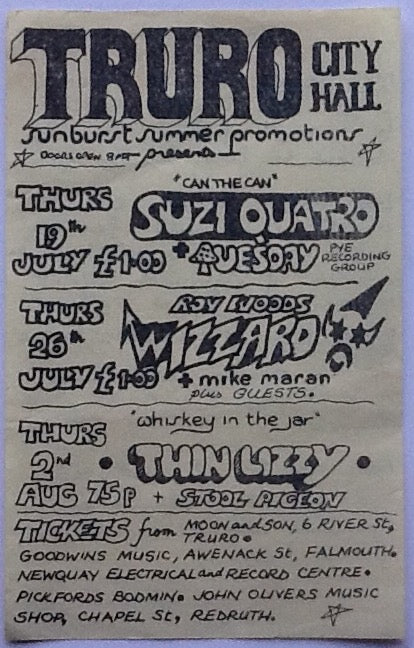 Thin Lizzy Wizzard Original Concert Handbill Flyer Truro 1973