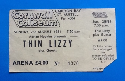 Thin Lizzy Original Used Concert Ticket Cornwall Coliseum St. Austell 2nd Aug 1981