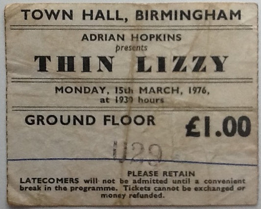 Thin Lizzy Original Used Concert Ticket Town Hall Birmingham 1976