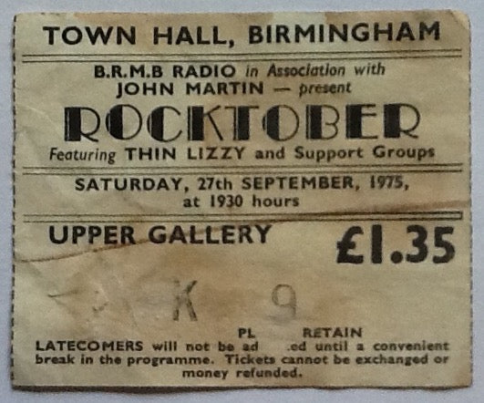 Thin Lizzy Original Used Concert Ticket Town Hall Birmingham 1975