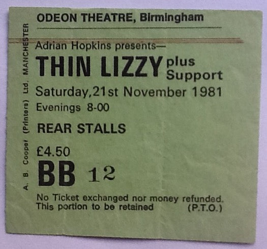 Thin Lizzy Original Used Concert Ticket Birmingham 1981