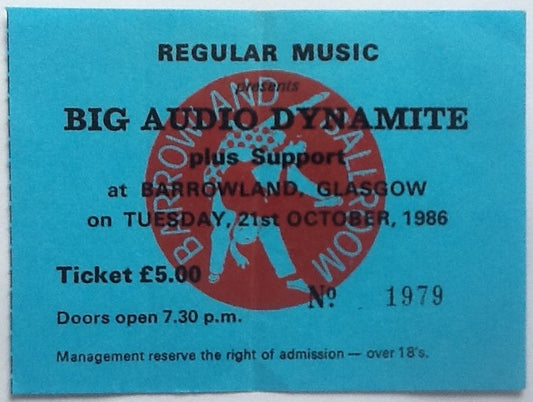 Big Audio Dynamite Original Used Concert Ticket Barrowlands Glasgow 1986