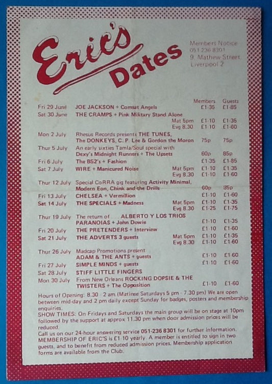 Specials Madness SLF Original Concert Handbill Flyer Eric's Liverpool 1979