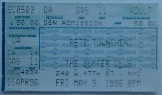 Who Pete Townshend Original Used Concert Ticket The Supper Club New York 1996
