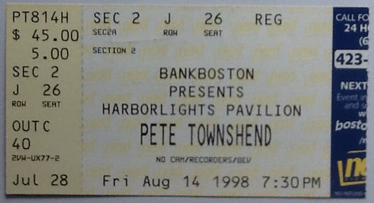 Who Pete Townshend Original Used Concert Ticket Harborlights Pavilion Boston 1998
