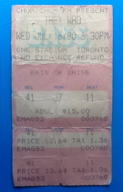 Who Used Concert Ticket Toronto 1980