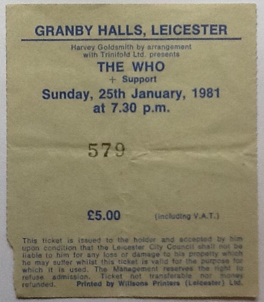 Who Original Used Concert Ticket Granby Halls Leicester 1981