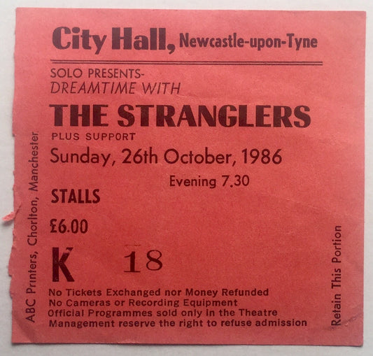 Stranglers Original Used Concert Ticket City Hall Newcastle 26th Oct 1986