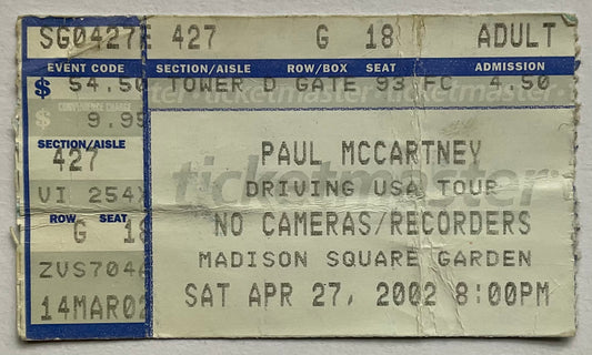 Beatles Paul McCartney Original Used Concert Ticket Madison Square Garden New York 27th Apr 2002