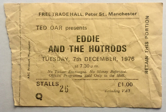 Eddie & The Hot Rods Original Used Concert Ticket Free Trade Hall Manchester 7th December 1976