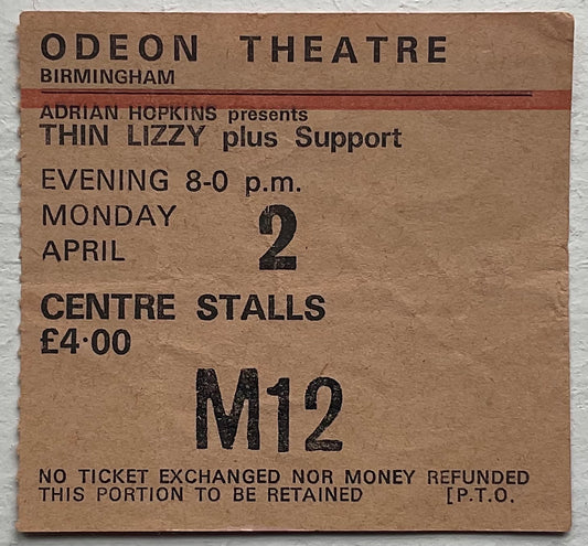 Thin Lizzy Original Used Concert Ticket Odeon Theatre Birmingham 2nd Apr 1979