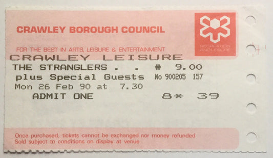 Stranglers Original Used Concert Ticket Crawley Leisure Centre 26th Feb 1990