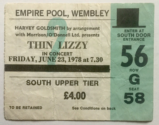 Thin Lizzy Original Used Concert Ticket Empire Pool Wembley London 23rd Jun 1978