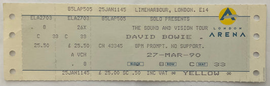 David Bowie Original Unused Concert Ticket London Arena 27th March 1990