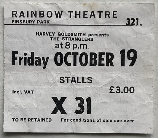 Stranglers Original Concert Ticket Rainbow Theatre London 19th Oct 1979