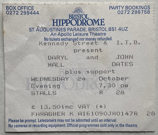 Daryl Hall John Oates Original Used Concert Ticket Hippodrome Bristol 24th Oct 1990