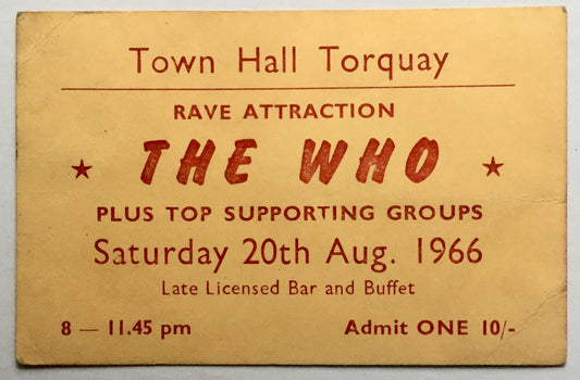 Who Original Concert Ticket Town Hall Torquay 20th Aug 1966