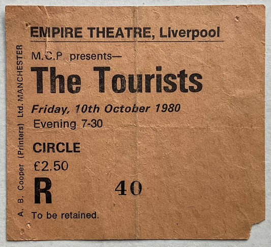 Tourists Annie Lennox Dave Stewart Original Used Concert Ticket Empire Theatre Liverpool 10th Oct 1980