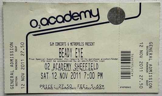 Oasis Beady Eye Original Unused Concet Ticket O2 Academy Sheffield 12th Nov 2011