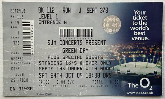 Green Day Original Unused Concert Ticket O2 Arena London 24th Oct 2009