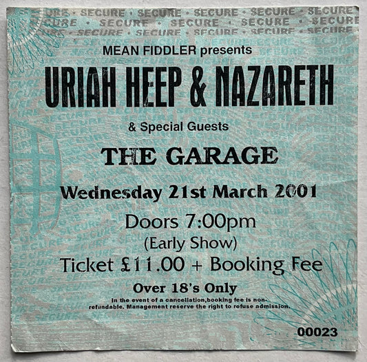 Uriah Heep Nazareth Original Used Concert Ticket Garage Glasgow 21st Mar 2001