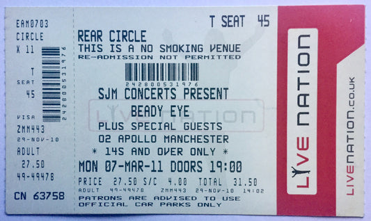 Oasis Beady Eye Original Unused Concet Ticket O2 Apollo Manchester 7th Mar 2011