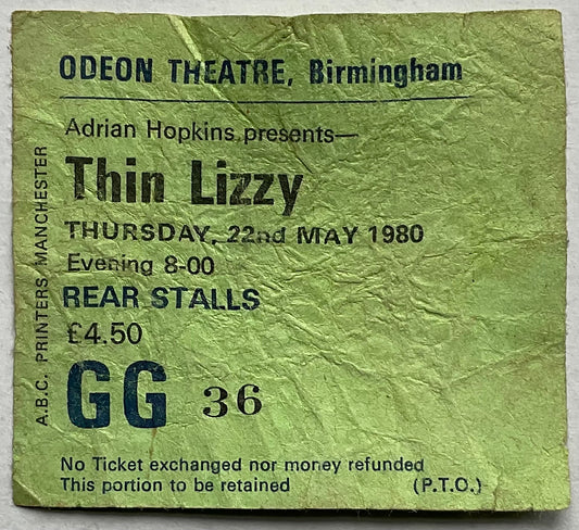 Thin Lizzy Original Used Concert Ticket Odeon Theatre Birmingham 22nd May 1980