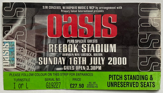 Oasis Original Used Concert Ticket Reebok Stadium Bolton 16th July 2000
