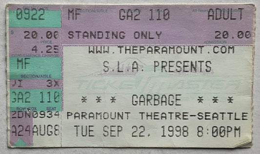 Garbage Original Used Concert Ticket Paramount Theatre Seattle 22nd Sep 1998