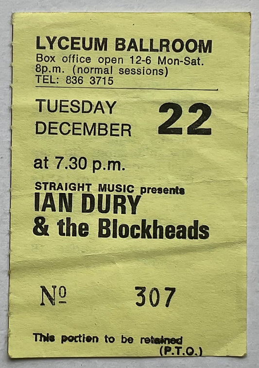 Ian Dury & the Blockheads Original Used Concert Ticket Lyceum Ballroom London 22nd Dec 1981