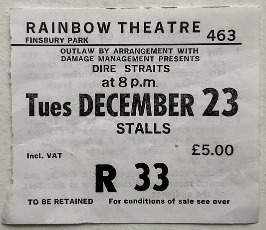 Dire Straits Original Used Concert Ticket Rainbow Theatre London 23rd Dec 1980
