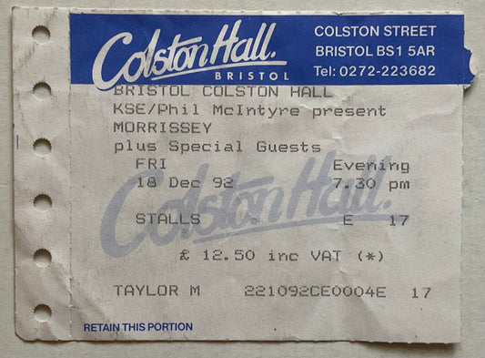 Smiths Morrissey Original Used Concert Ticket Colston Hall Bristol 18th Dec 1992