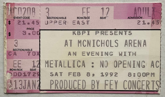 Metallica Original Used Concert Ticket McNichols Arena Denver 8th Feb 1992