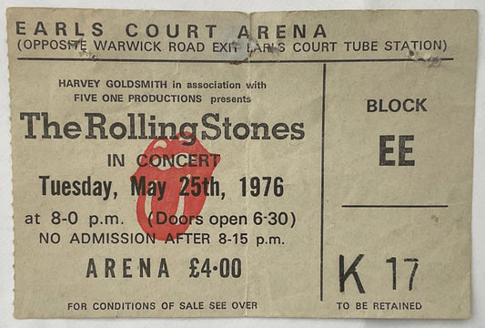 Rolling Stones Original Used Concert Ticket Earl’s Court London 25th May 1976