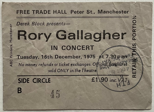 Rory Gallagher Original Concert Ticket Free Trade Hall Manchester 16th Dec 1975