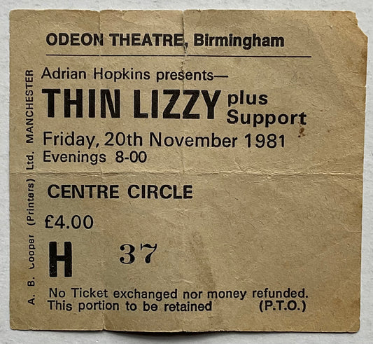 Thin Lizzy Original Original Used Concert Ticket Odeon Theatre Birmingham 20th Nov 1981