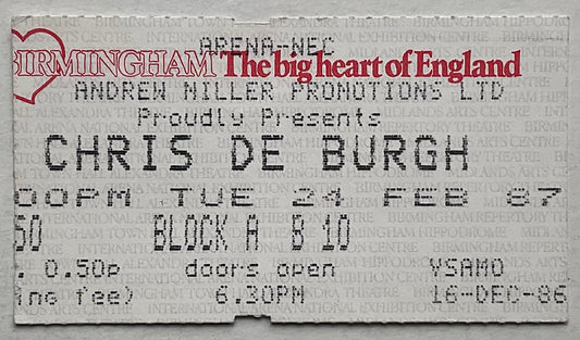 Chris De Burgh Original Used Concert Ticket NEC Arena Birmingham 24th Feb 1987